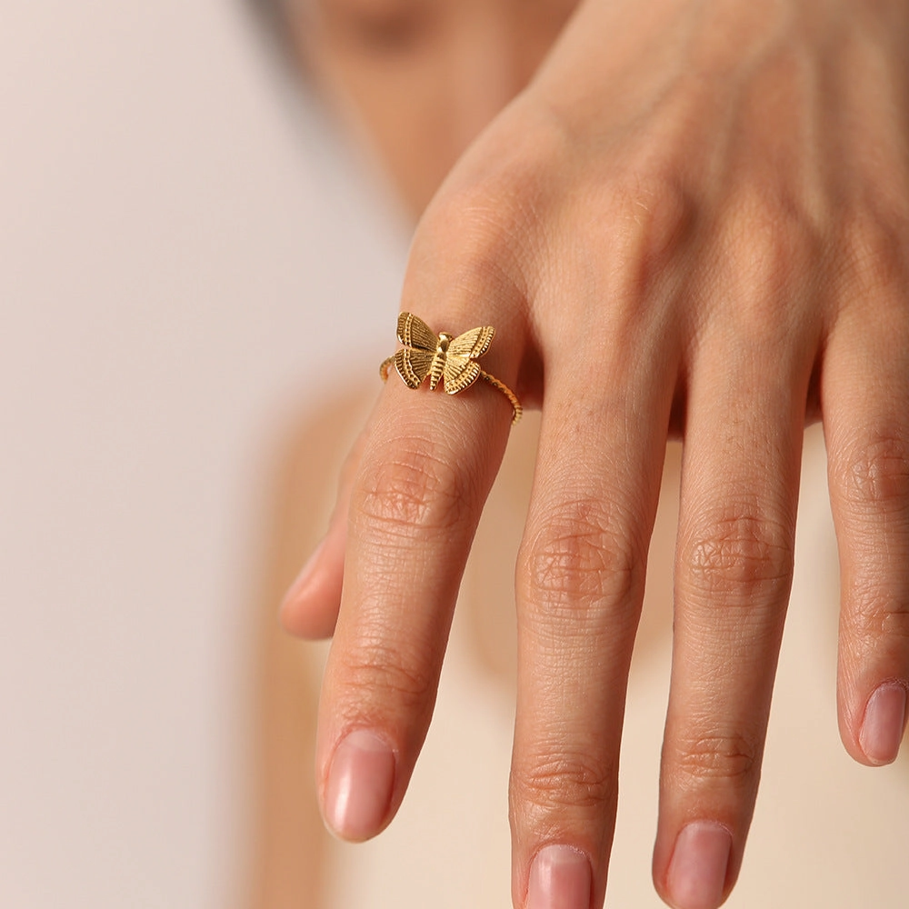 Wholesale 18K Gold Stainless Steel Adjustable Butterfly Ring with Opening