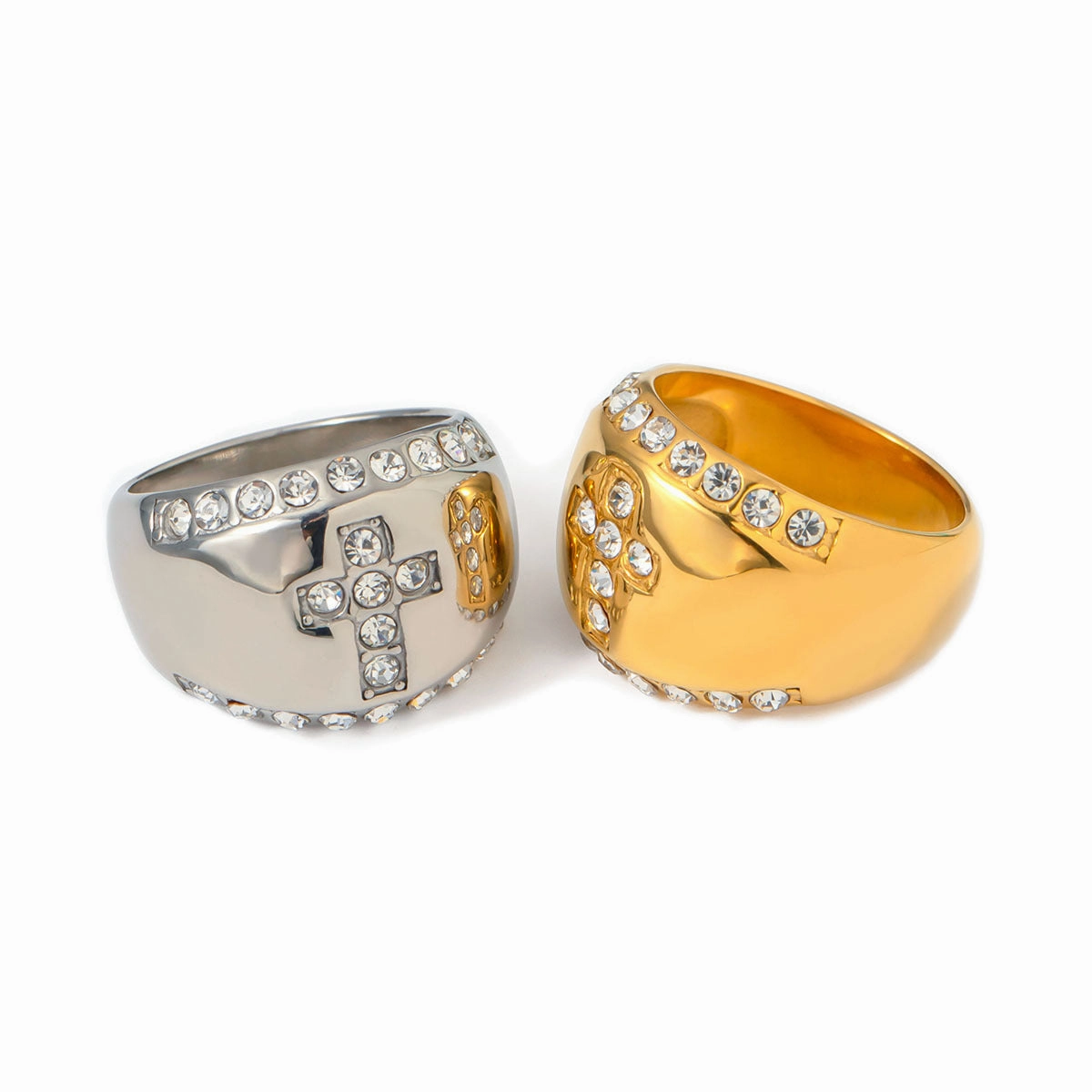 Wholesale 18k Gold Stainless Steel Diamond Inlaid Cross Ring