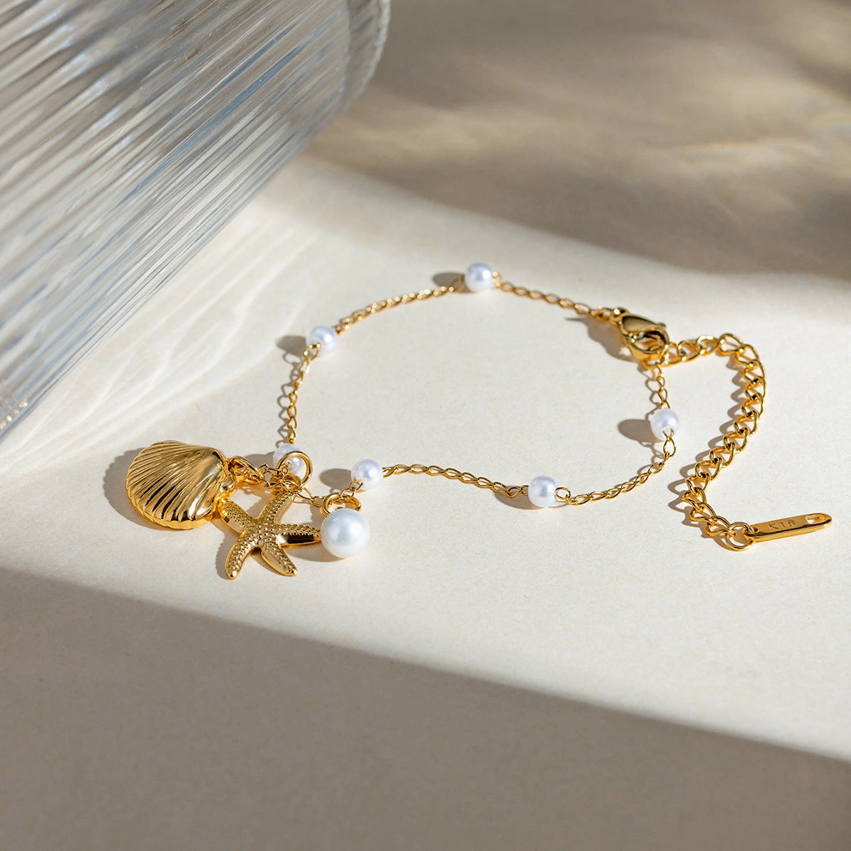 Wholesale 18k Gold Stainless Steel Pearl Chain Shell Starfish Pendant Bracelet