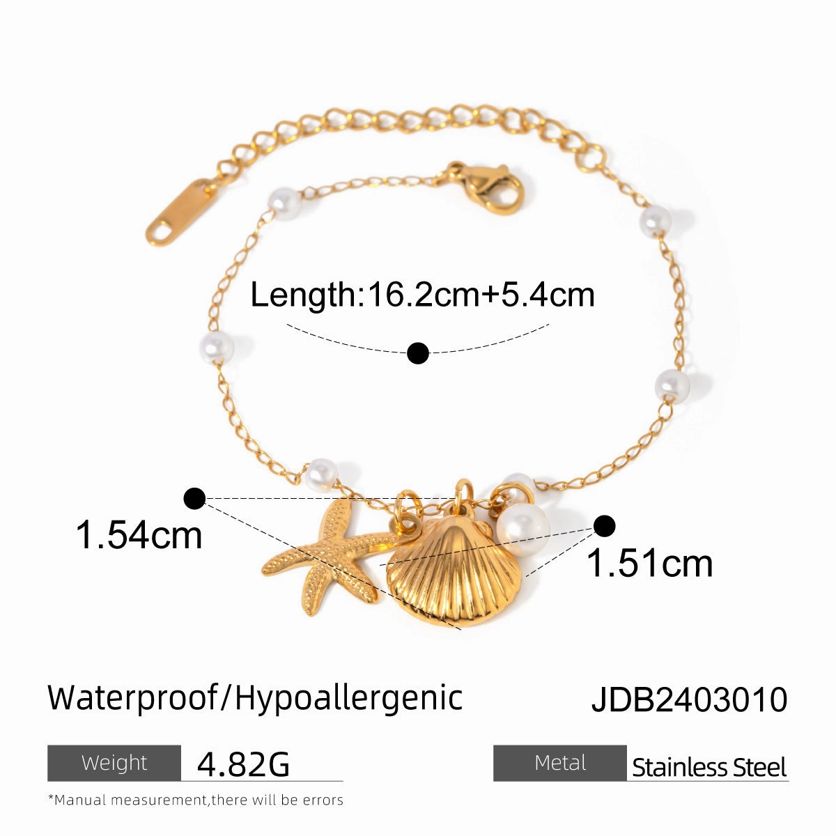 Wholesale 18k Gold Stainless Steel Pearl Chain Shell Starfish Pendant Bracelet