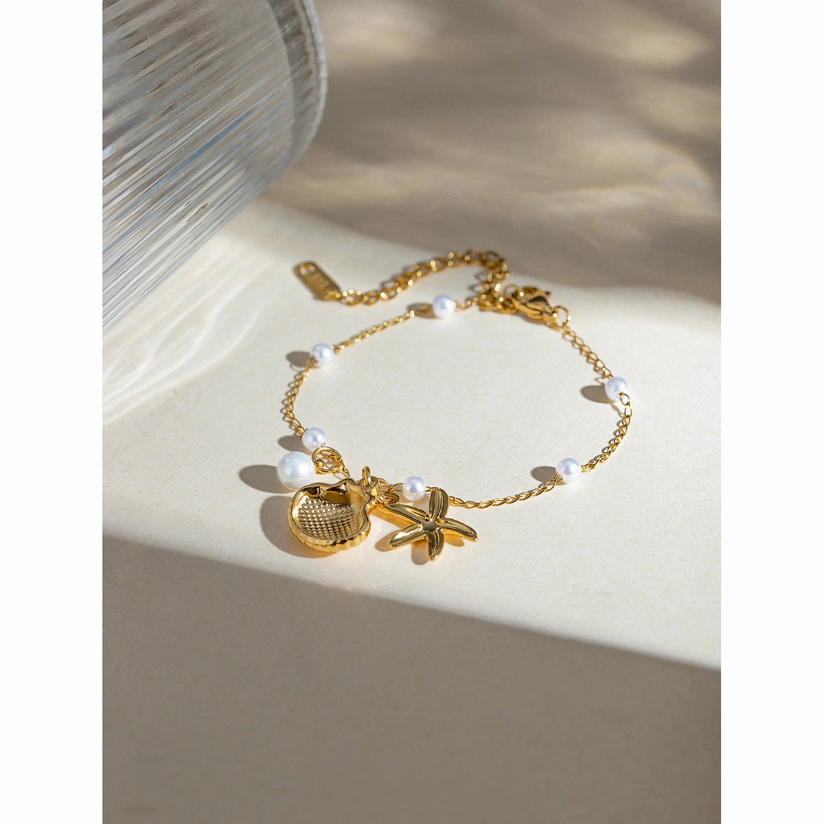 Wholesale 18k Gold Stainless Steel Pearl Chain Shell Starfish Pendant Bracelet