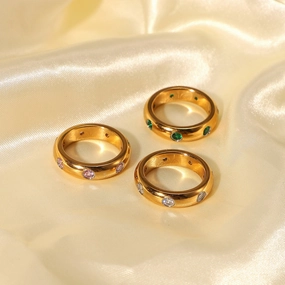 Wholesale 18K Gold Stainless Steel Retro Micro Set Green/pink/white Zircon Ring
