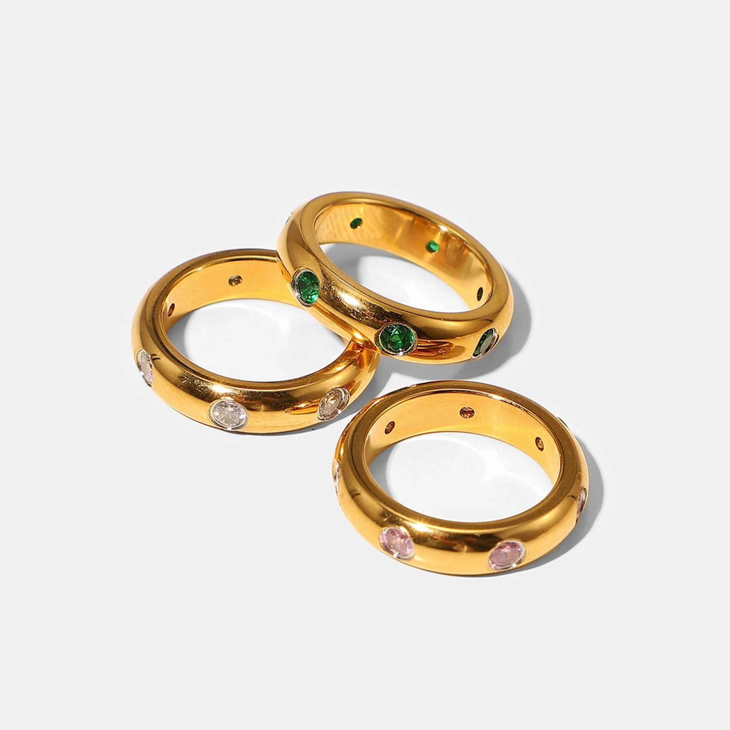 Wholesale 18K Gold Stainless Steel Retro Micro Set Green/pink/white Zircon Ring