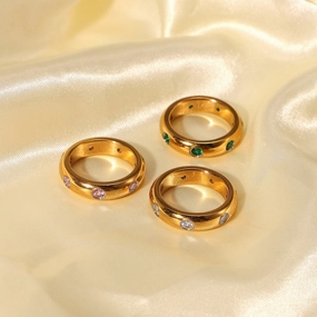 Wholesale 18K Gold Stainless Steel Retro Powder Zircon Ring