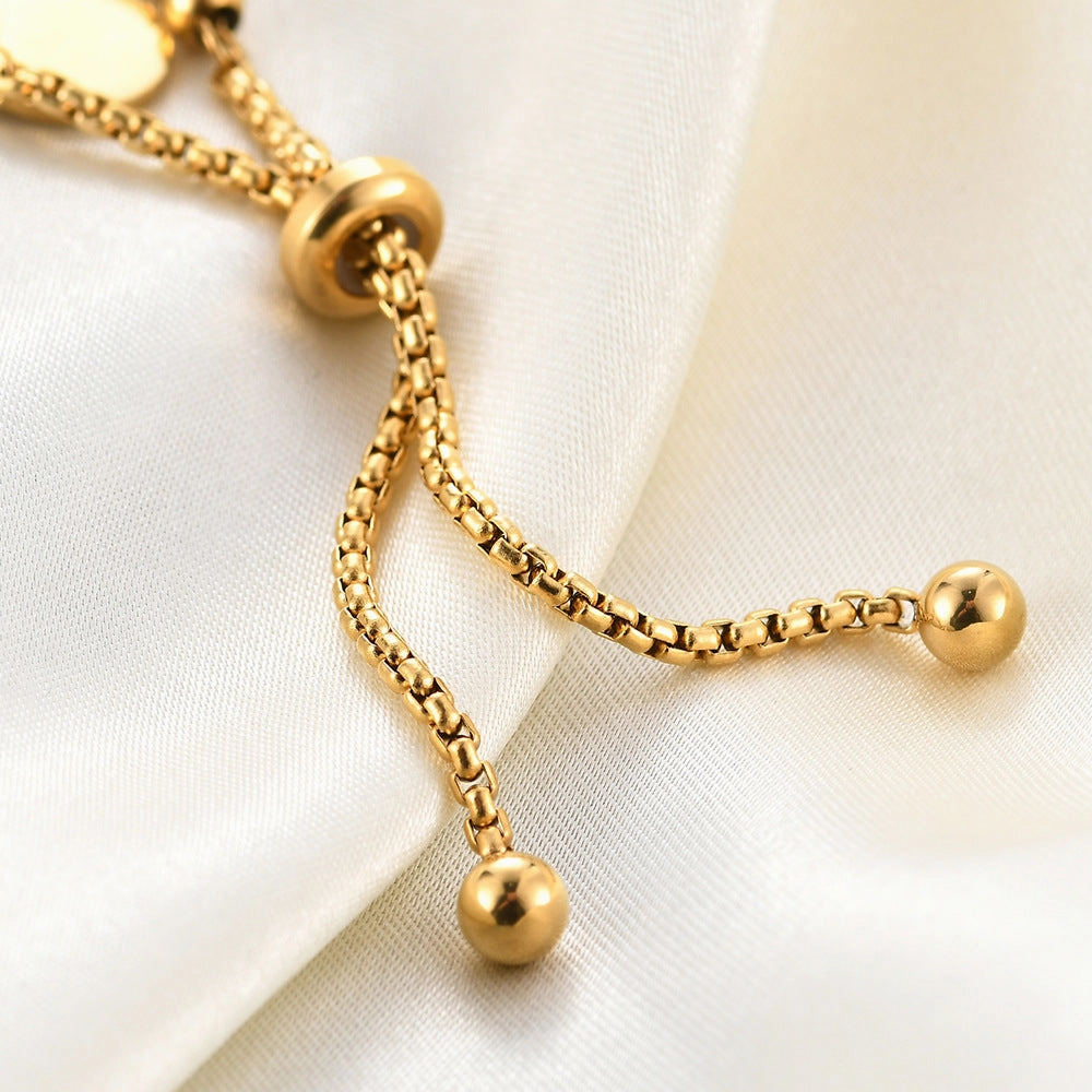 Wholesale 18K Gold Stainless Steel Round Tag Adjustable Ball Bead Engraving Bracelet