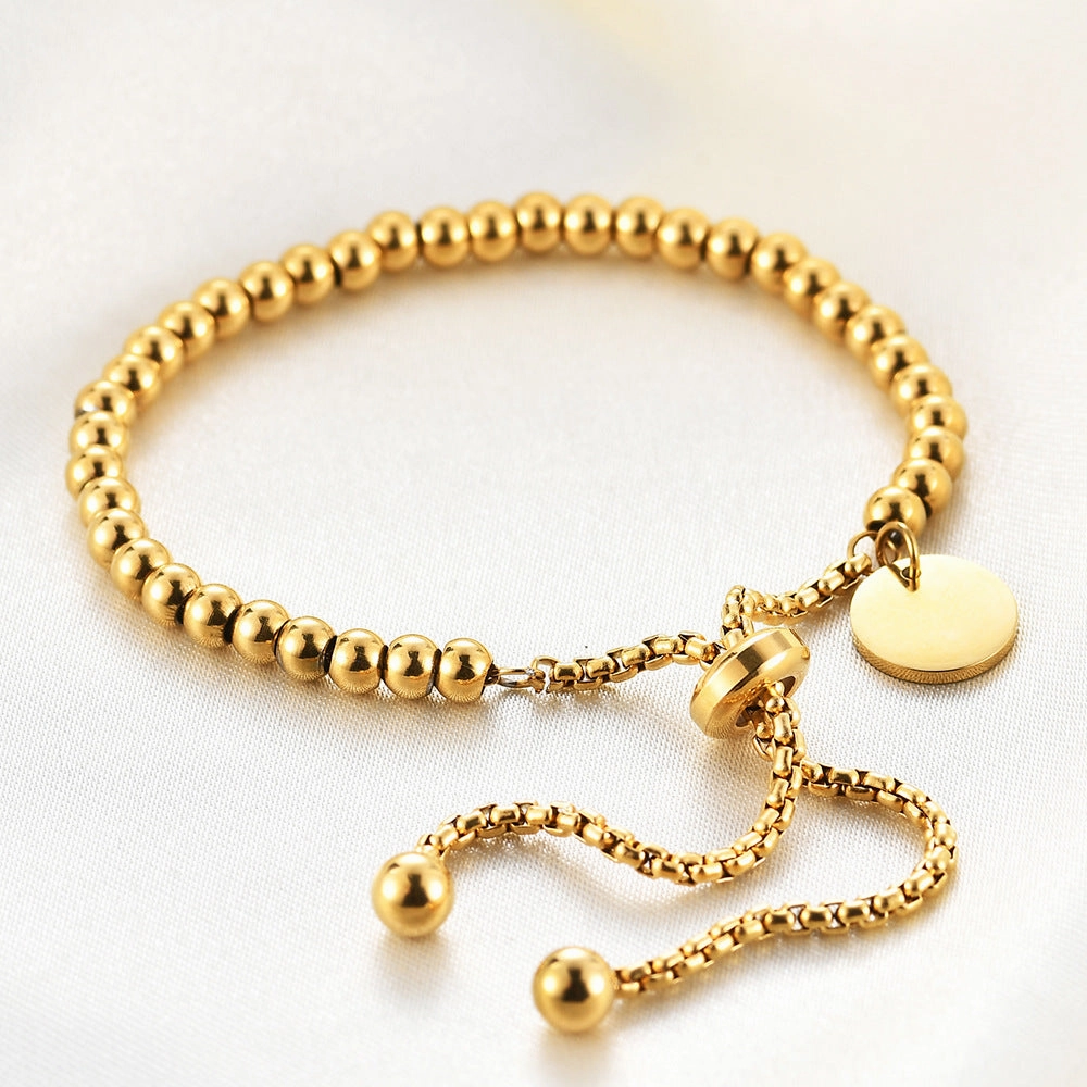 Wholesale 18K Gold Stainless Steel Round Tag Adjustable Ball Bead Engraving Bracelet