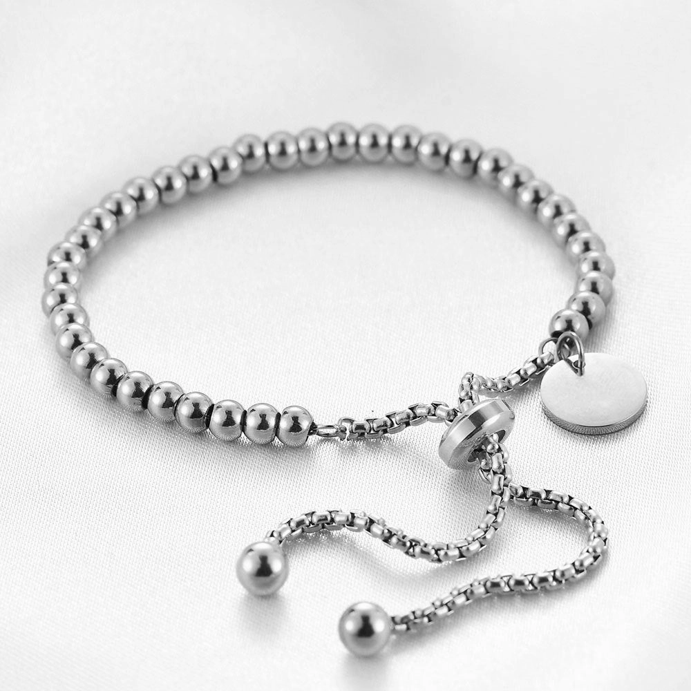 Wholesale 18K Gold Stainless Steel Round Tag Adjustable Ball Bead Engraving Bracelet