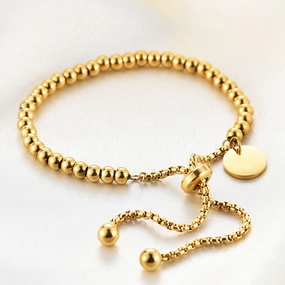 Wholesale 18K Gold Stainless Steel Round Tag Adjustable Ball Bead Engraving Bracelet