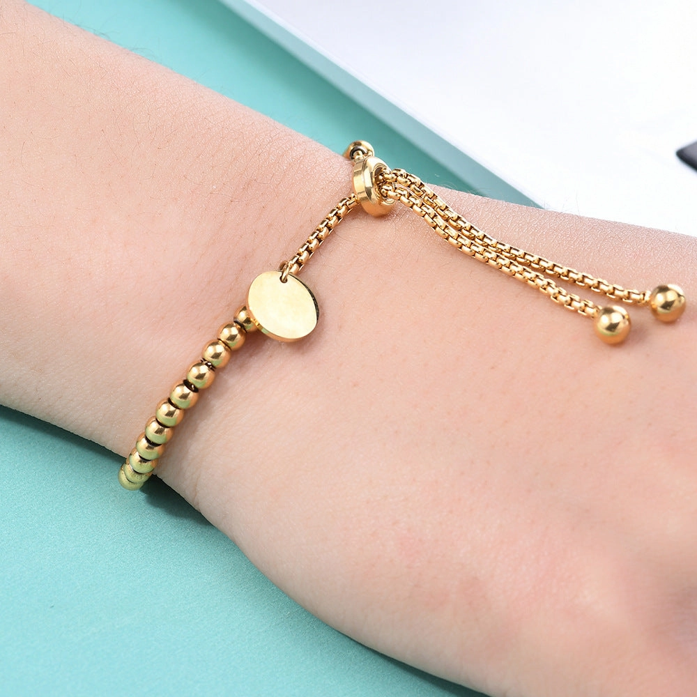 Wholesale 18K Gold Stainless Steel Round Tag Adjustable Ball Bead Engraving Bracelet