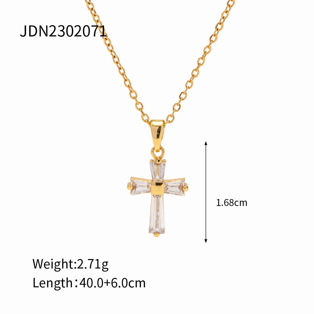 Wholesale 18K Gold Stainless Steel White Zirconia Square Cross Necklace
