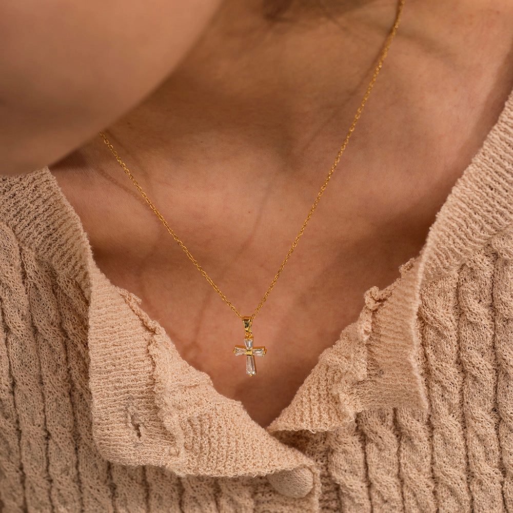 Wholesale 18K Gold Stainless Steel White Zirconia Square Cross Necklace