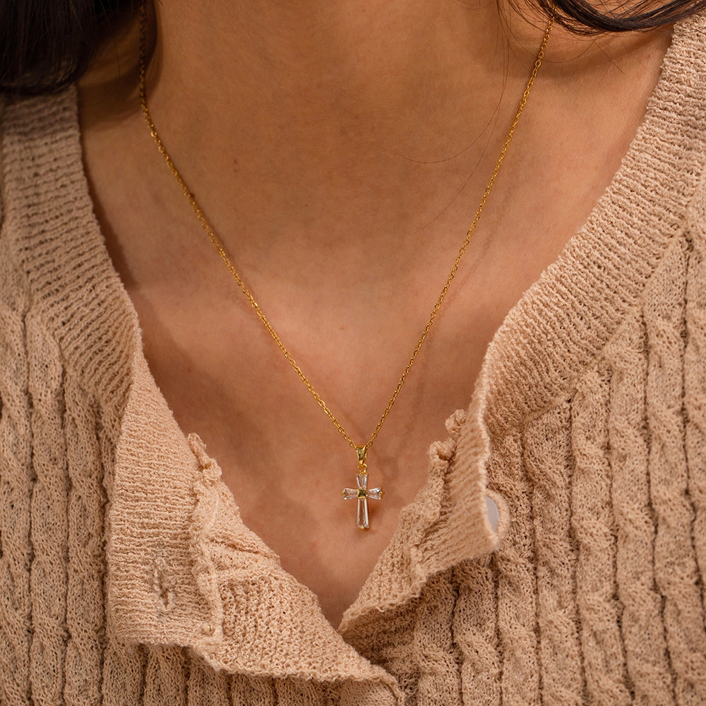 Wholesale 18K Gold Stainless Steel White Zirconia Square Cross Necklace
