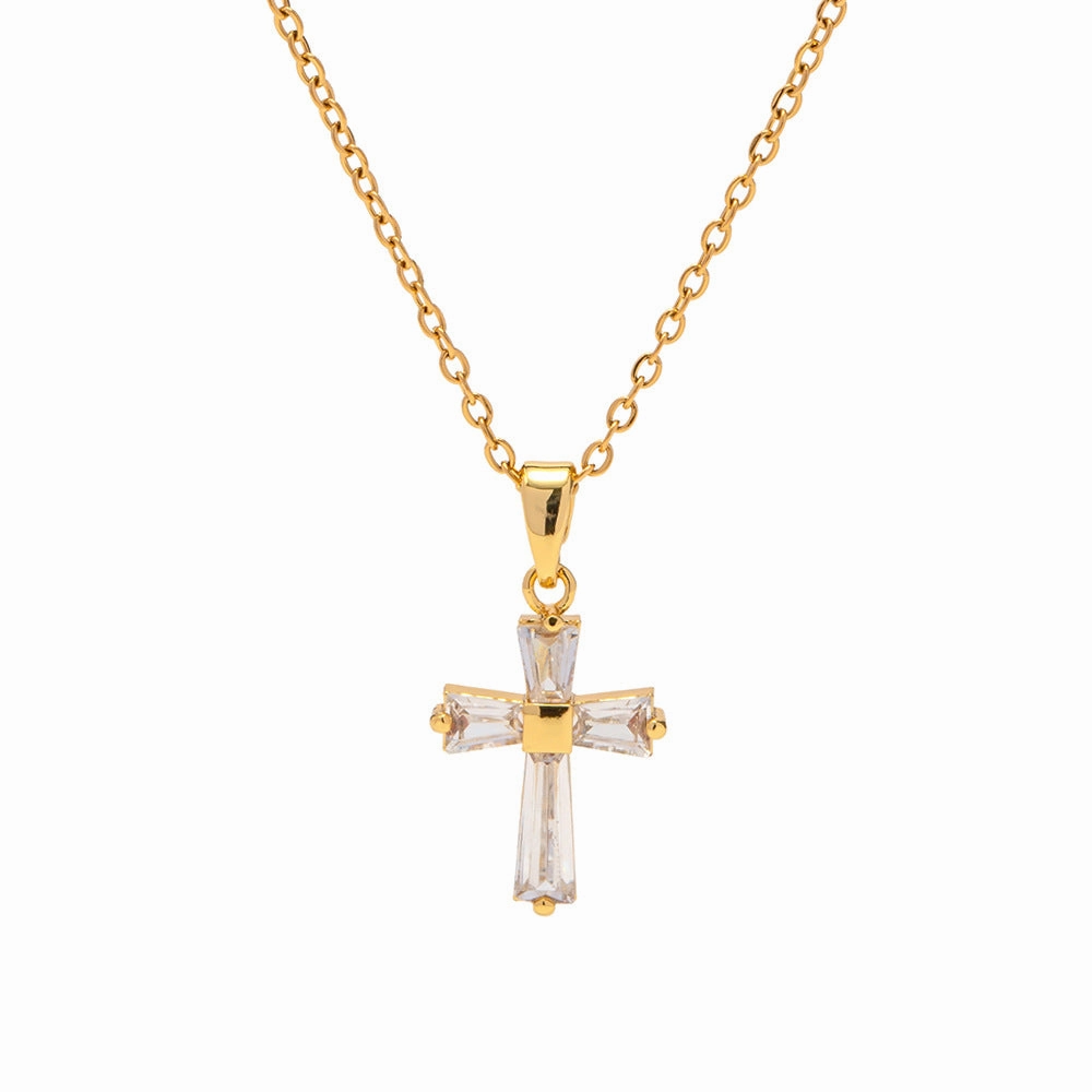 Wholesale 18K Gold Stainless Steel White Zirconia Square Cross Necklace
