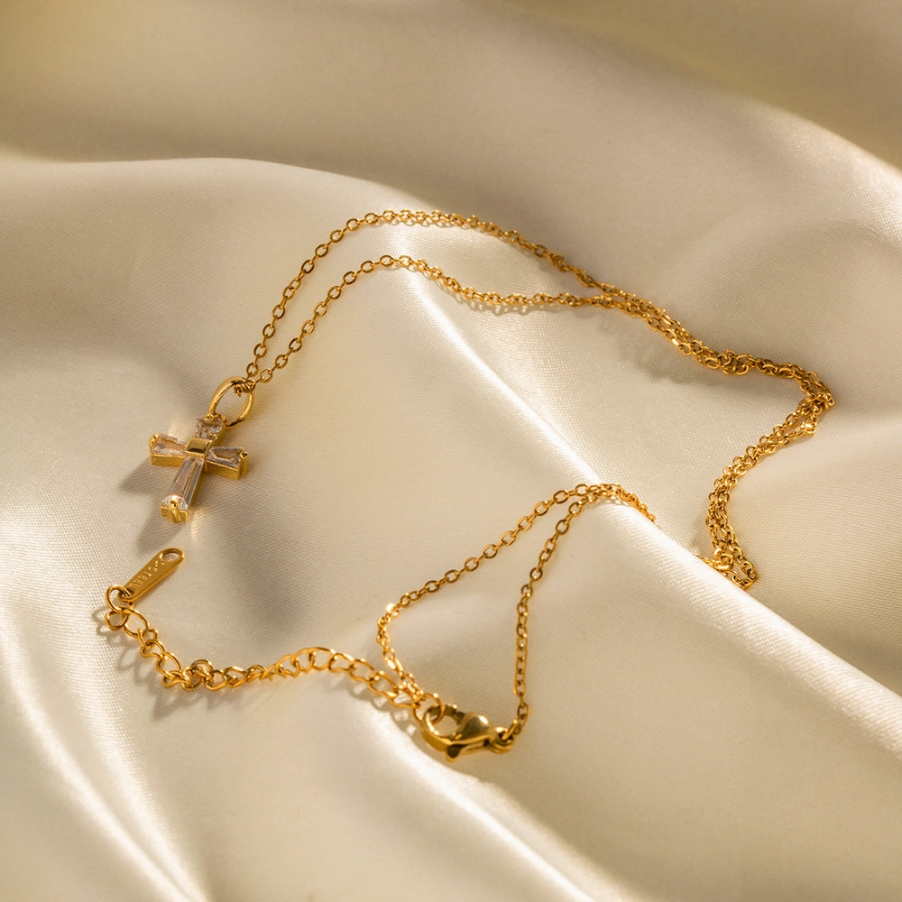 Wholesale 18K Gold Stainless Steel White Zirconia Square Cross Necklace