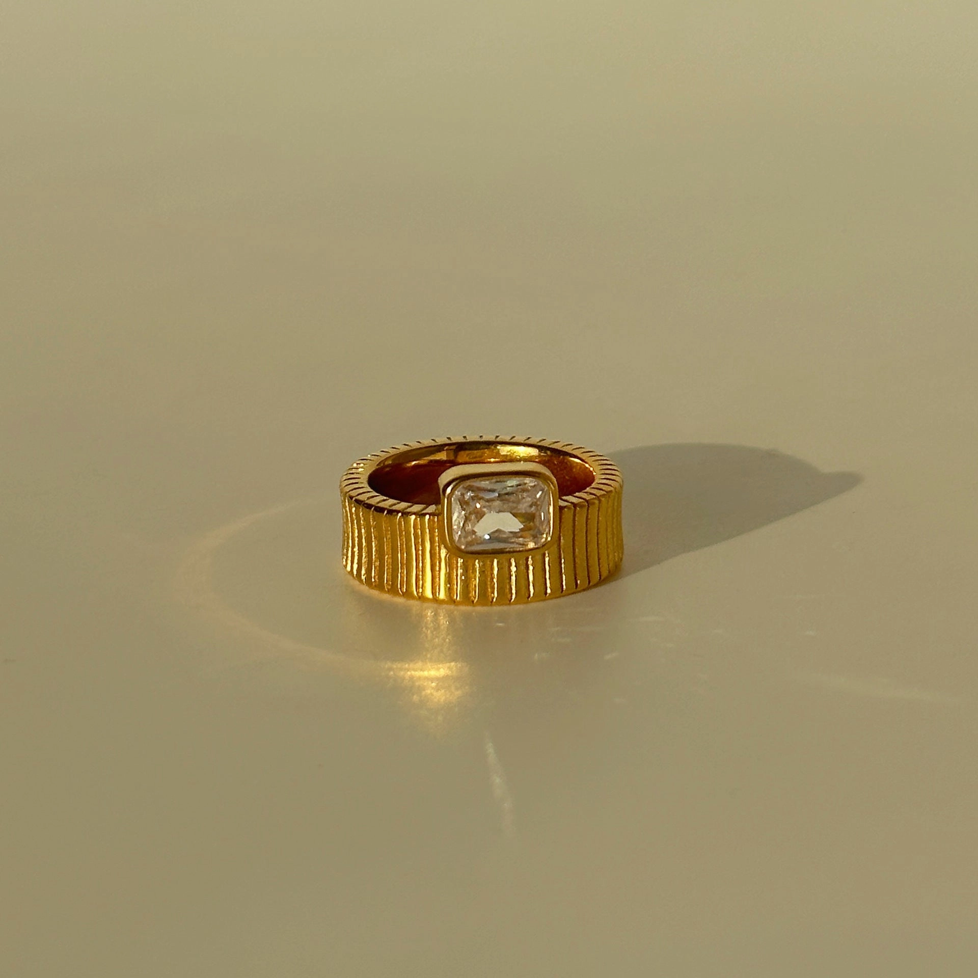 Wholesale 18k Real Gold Electroplated Titanium Steel Emerald Zircon Stripe Ring