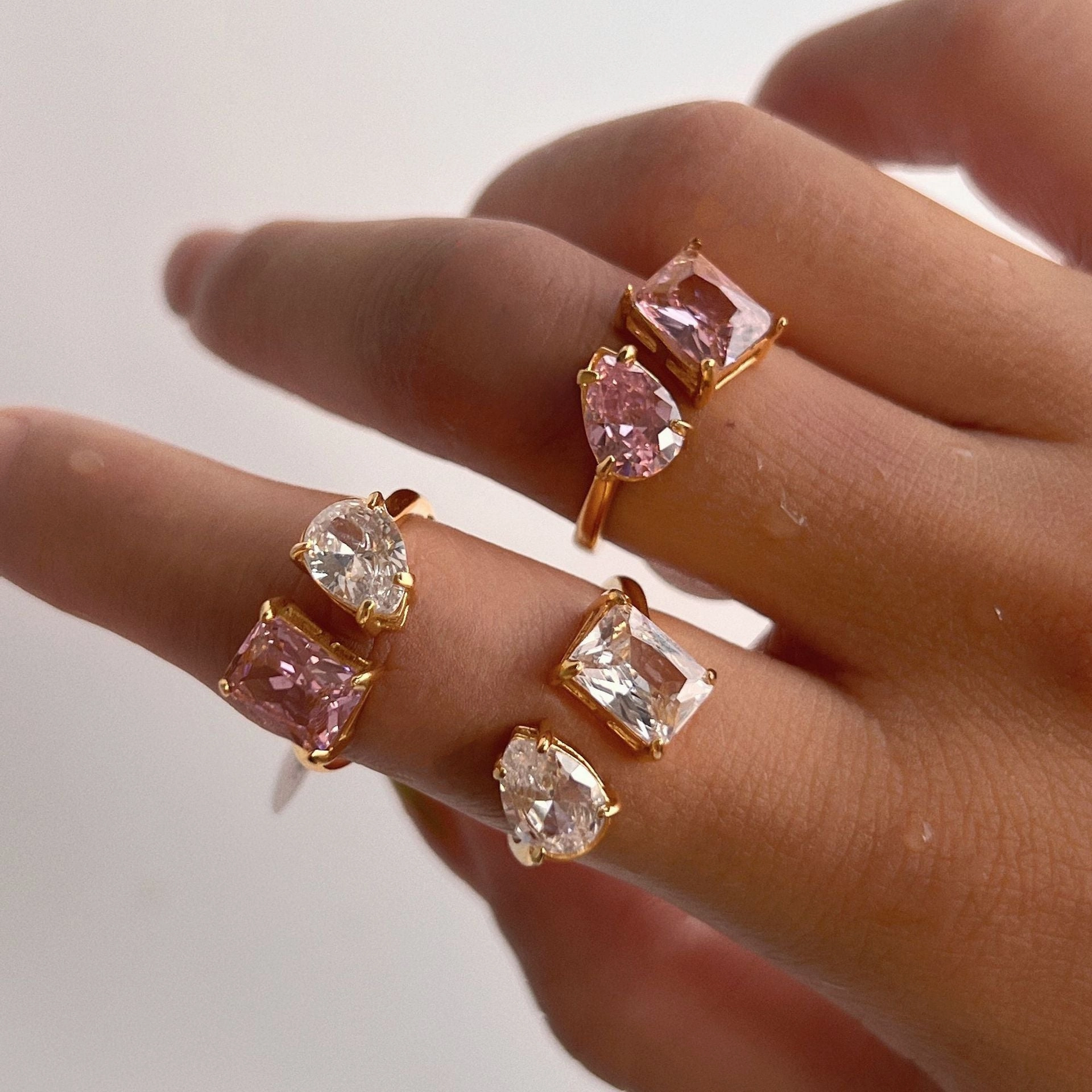 Wholesale 18k Real Gold Plated Titanium Steel Open Water Drop Square Zircon Ring