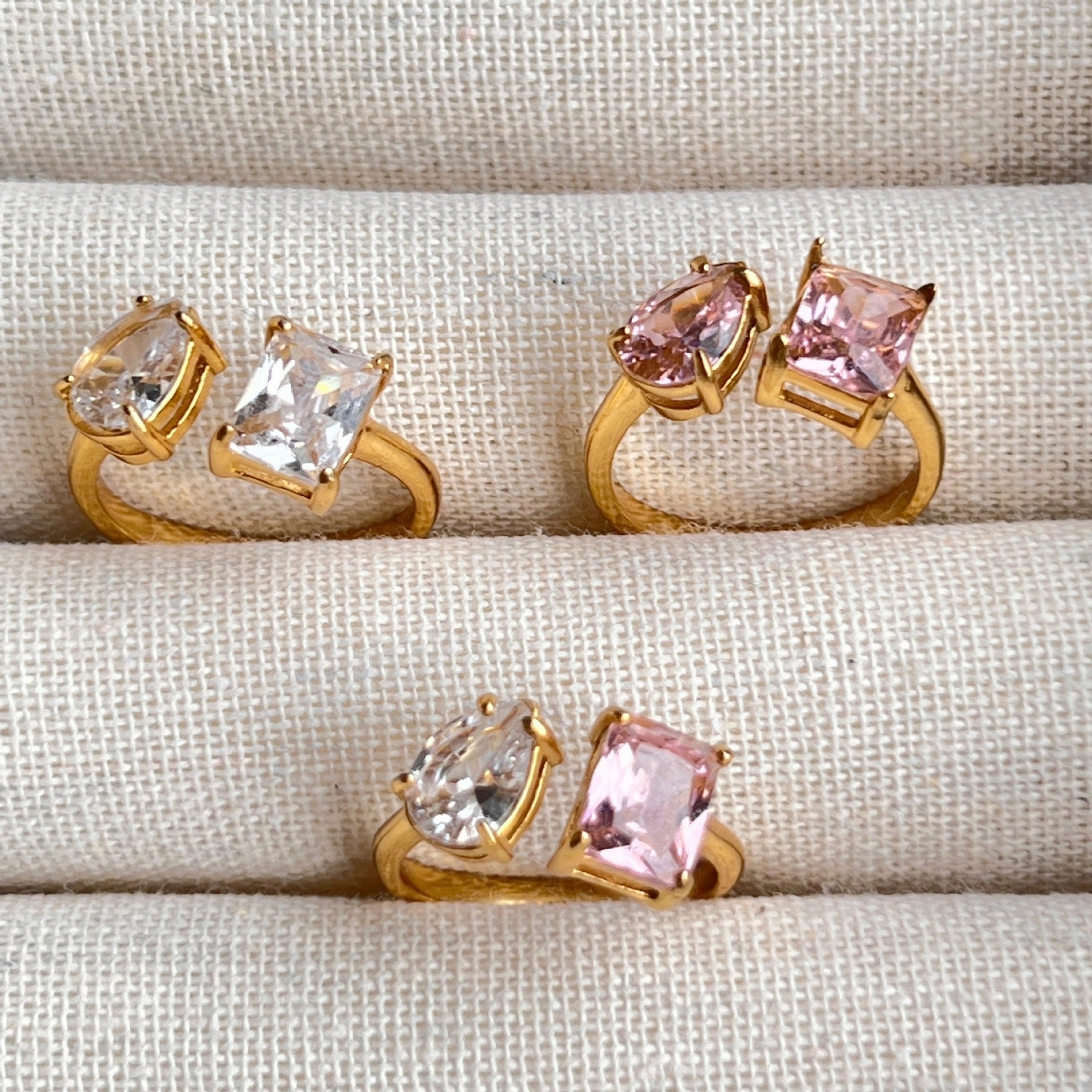 Wholesale 18k Real Gold Plated Titanium Steel Open Water Drop Square Zircon Ring