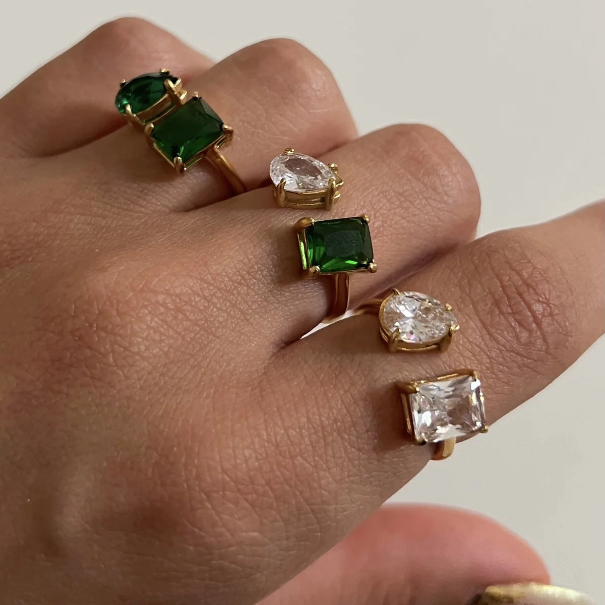 Wholesale 18k Real Gold Plated Titanium Steel Open Water Drop Square Zircon Ring