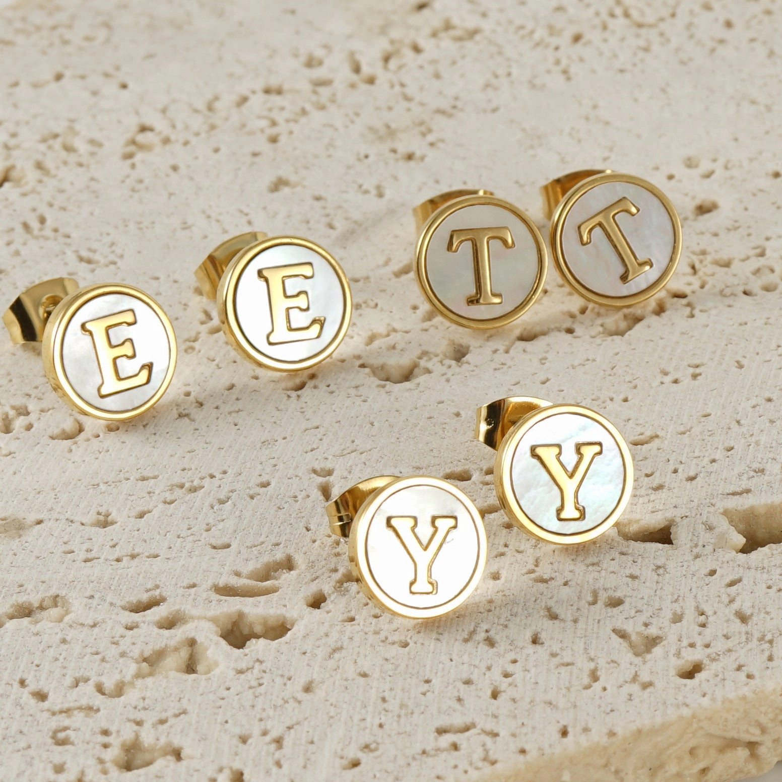 Wholesale 18K Vacuum Electroplated Titanium Steel 26 Letter Shell Earrings