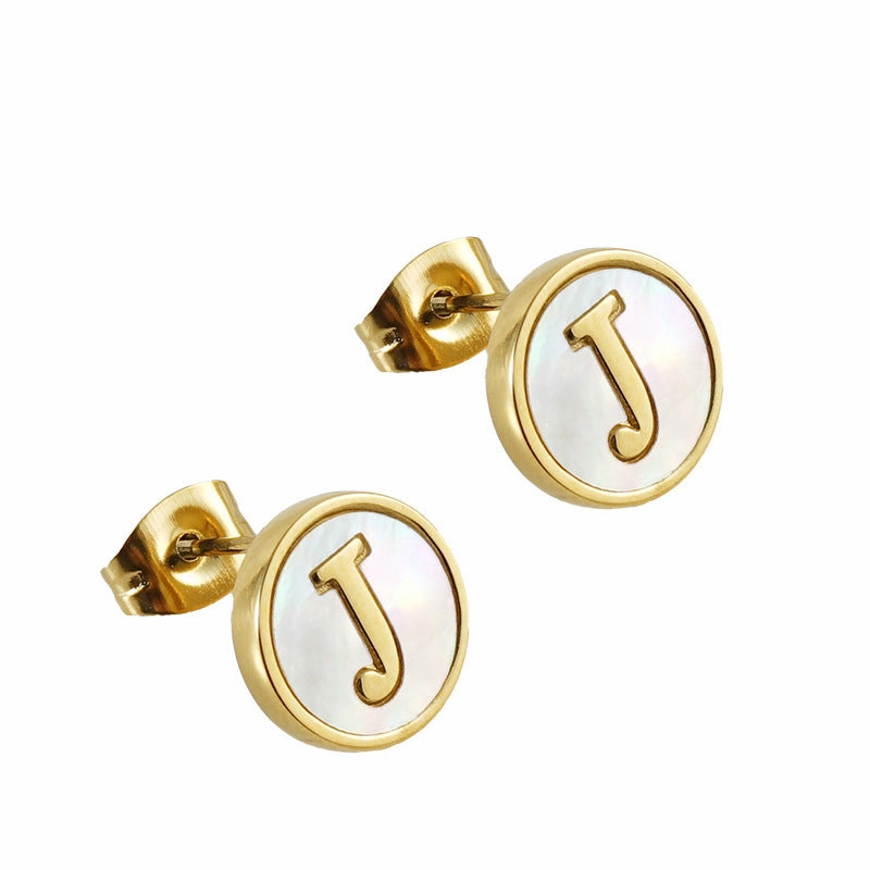 Wholesale 18K Vacuum Electroplated Titanium Steel 26 Letter Shell Earrings