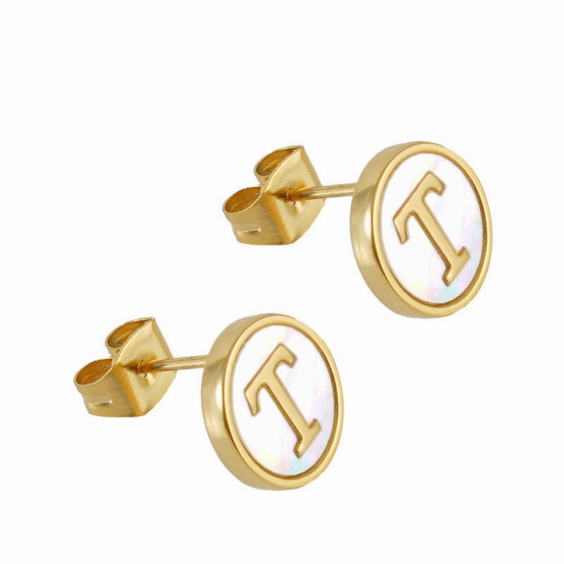 Wholesale 18K Vacuum Electroplated Titanium Steel 26 Letter Shell Earrings