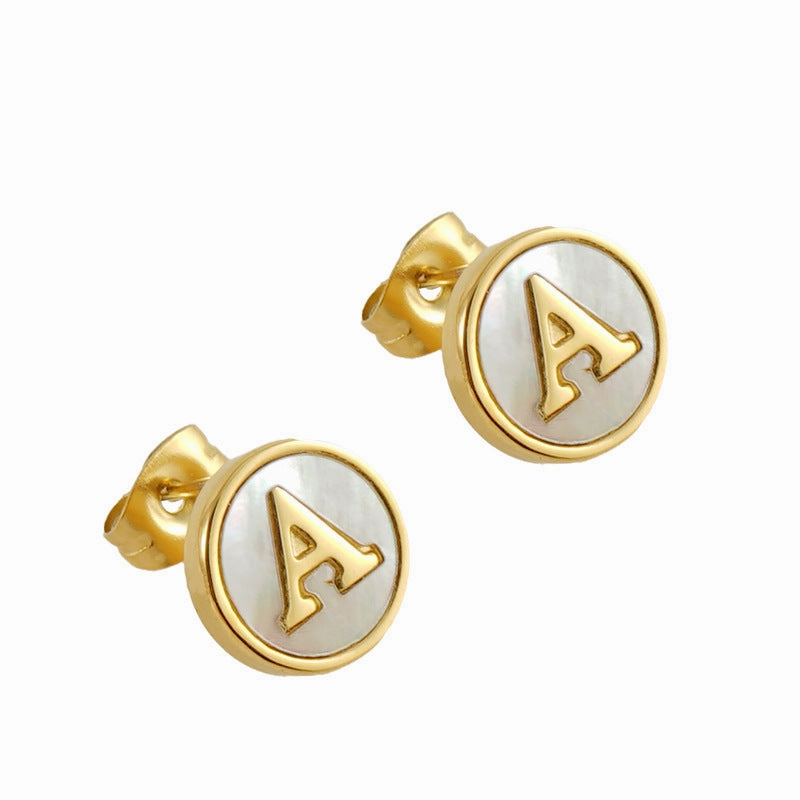 Wholesale 18K Vacuum Electroplated Titanium Steel 26 Letter Shell Earrings