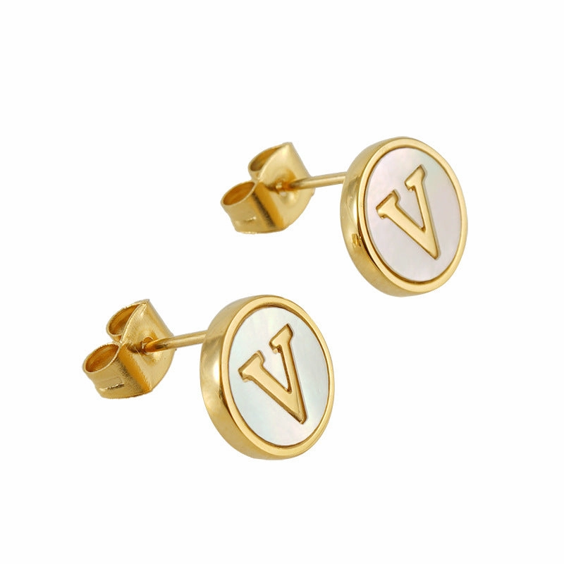 Wholesale 18K Vacuum Electroplated Titanium Steel 26 Letter Shell Earrings