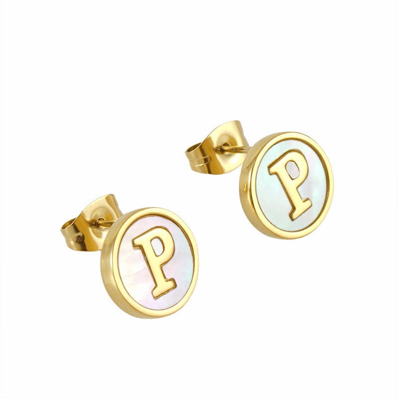 Wholesale 18K Vacuum Electroplated Titanium Steel 26 Letter Shell Earrings