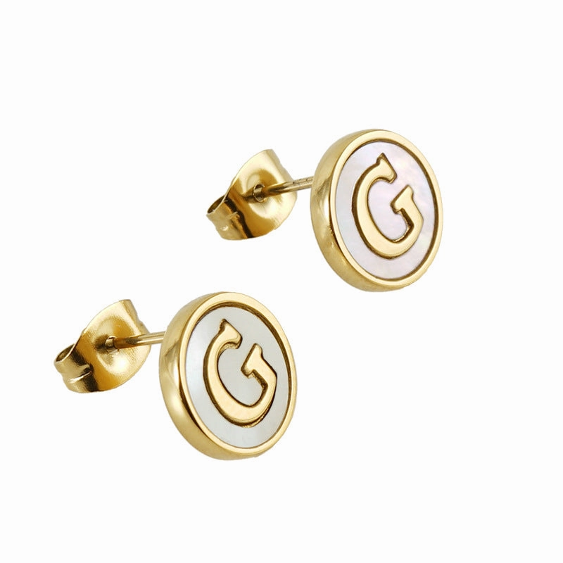 Wholesale 18K Vacuum Electroplated Titanium Steel 26 Letter Shell Earrings