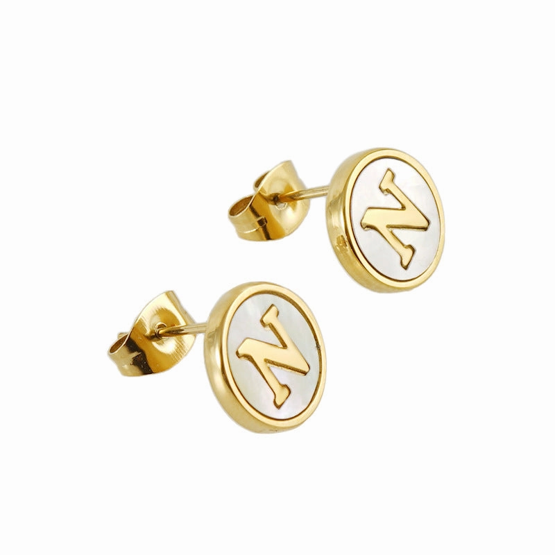 Wholesale 18K Vacuum Electroplated Titanium Steel 26 Letter Shell Earrings