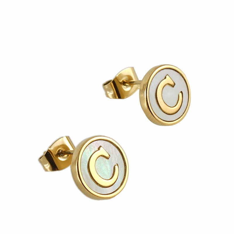 Wholesale 18K Vacuum Electroplated Titanium Steel 26 Letter Shell Earrings