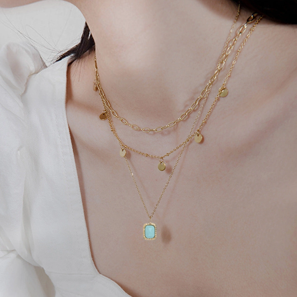 Wholesale 20PCS Natural Stone Square Brand Titanium Steel Retro Multi-layer Turquoise Necklace