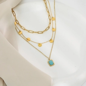Wholesale 20PCS Natural Stone Square Brand Titanium Steel Retro Multi-layer Turquoise Necklace