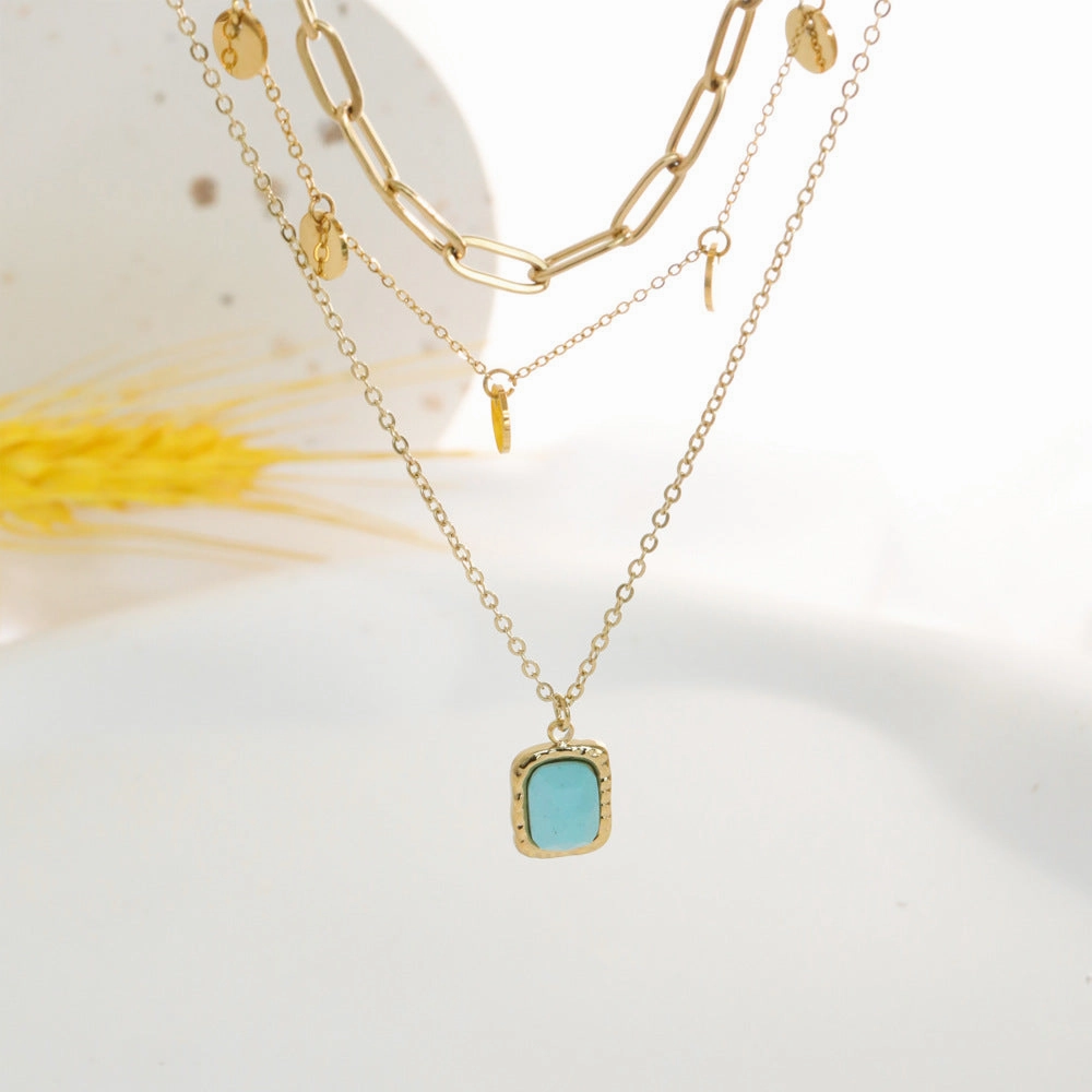 Wholesale 20PCS Natural Stone Square Brand Titanium Steel Retro Multi-layer Turquoise Necklace