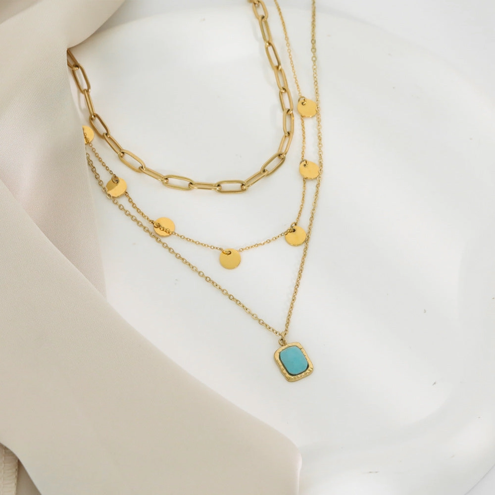 Wholesale 20PCS Natural Stone Square Brand Titanium Steel Retro Multi-layer Turquoise Necklace