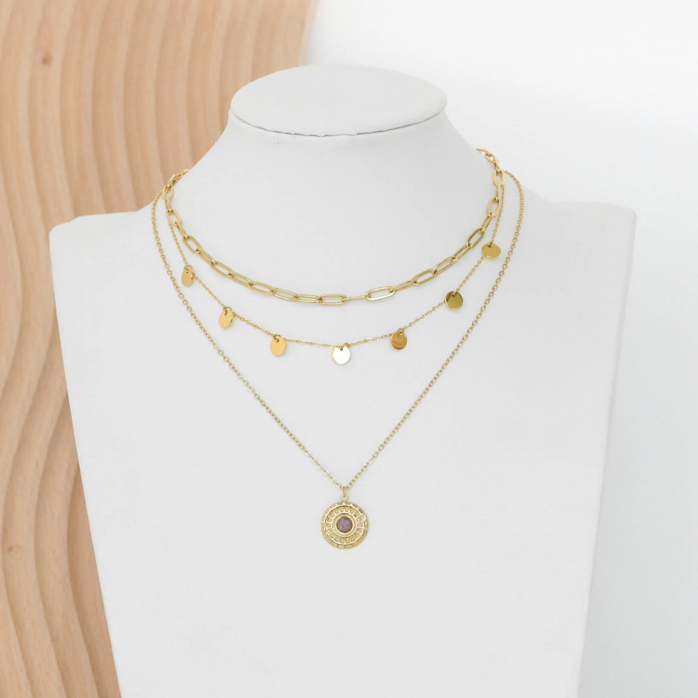 Wholesale 20PCS Natural Stone Titanium Steel Vintage Multi-layered Glitter Necklace