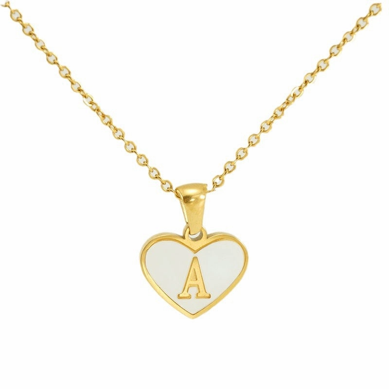 Wholesale 26 English Letters Love Heart Inlaid with Shell Stainless Steel Necklace