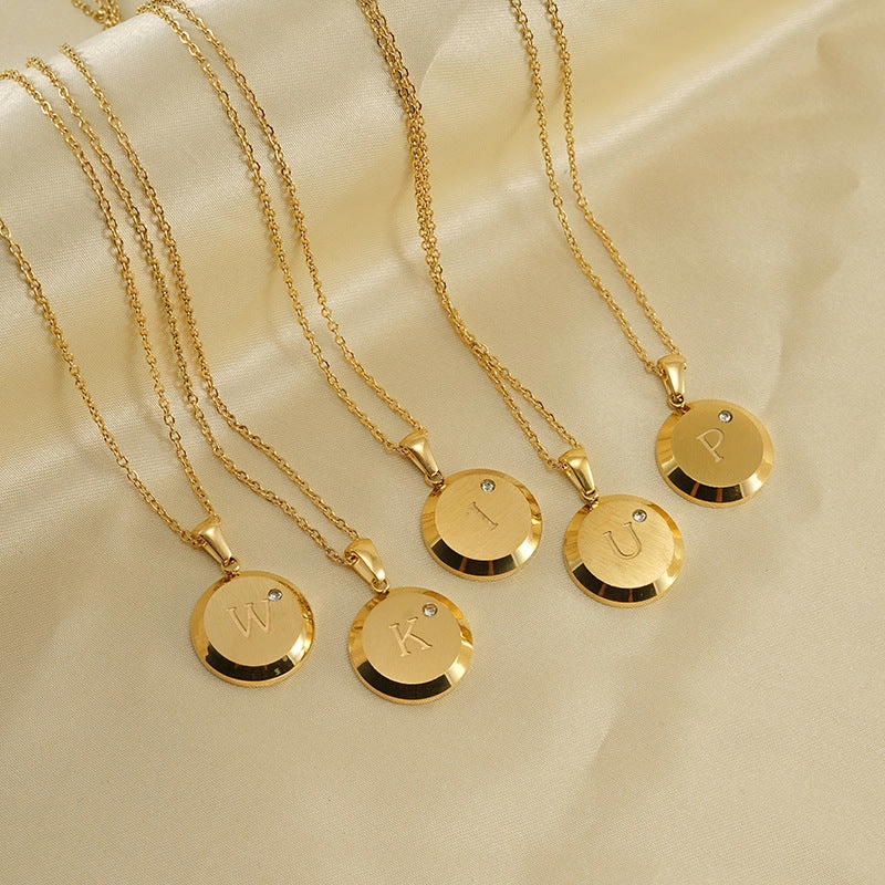 Wholesale 26 Letter Diamond Inlaid Round Gold Plated Necklaces