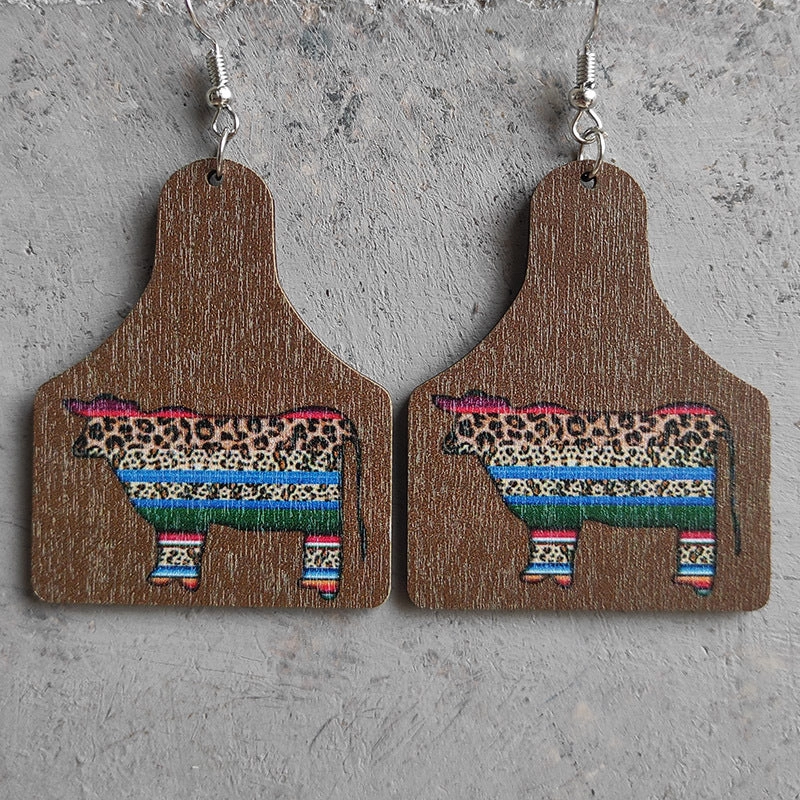 Wholesale 2 Pair/Pack Western Leopard Vintage Aztec Cow Brand Turquoise Green Wood Earrings