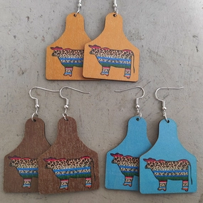 Wholesale 2 Pair/Pack Western Leopard Vintage Aztec Cow Brand Turquoise Green Wood Earrings