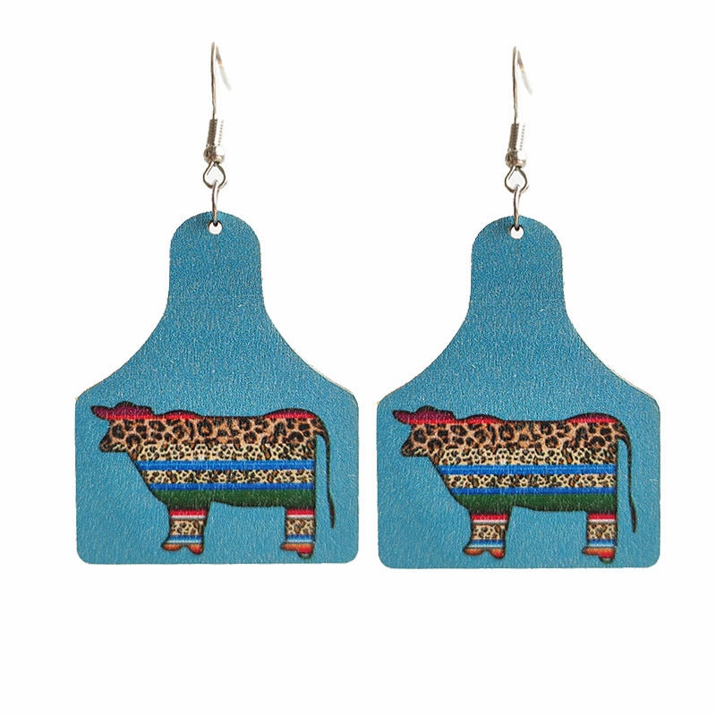 Wholesale 2 Pair/Pack Western Leopard Vintage Aztec Cow Brand Turquoise Green Wood Earrings