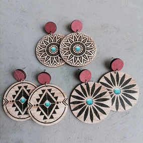 Wholesale 2 Pairs/Pack Aztec Turquoise Pattern Patchwork Round Wooden Earrings
