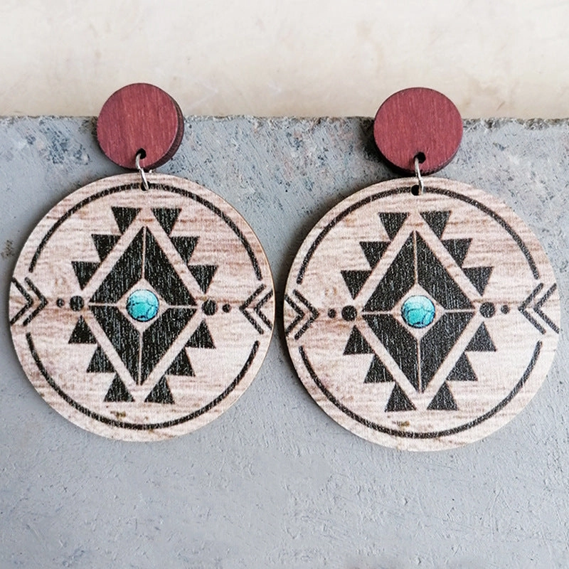 Wholesale 2 Pairs/Pack Aztec Turquoise Pattern Patchwork Round Wooden Earrings