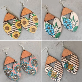 Wholesale 2 Pairs/pack Bohemian Western Style Sunflower Striped Floral Wooden Earrings