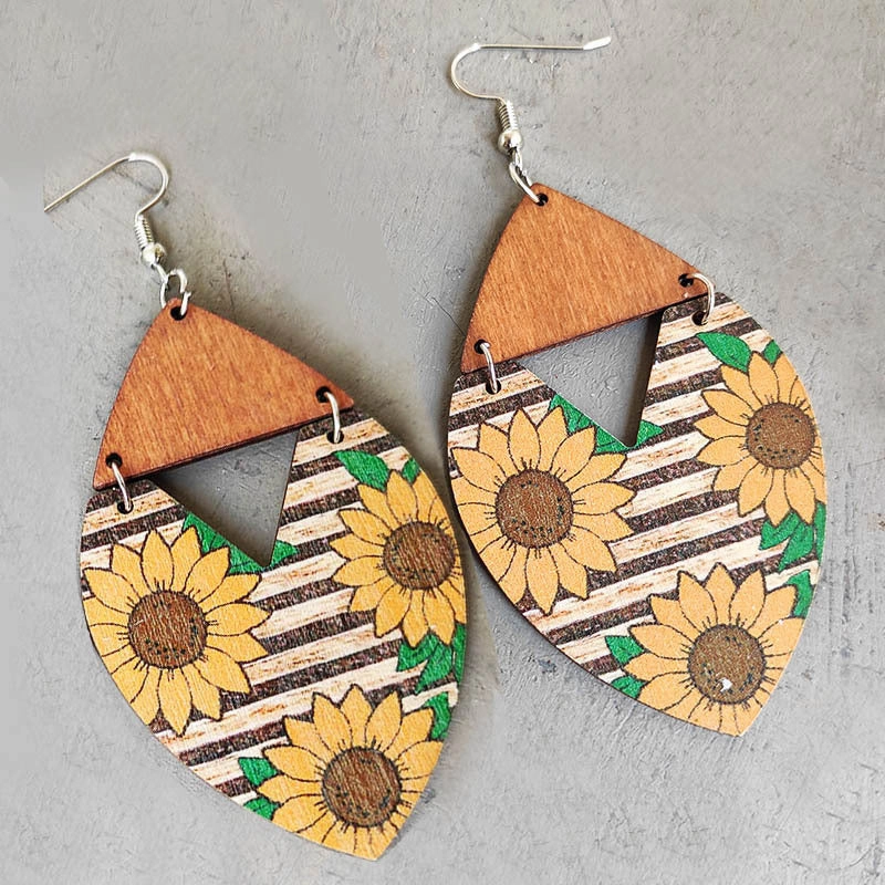 Wholesale 2 Pairs/pack Bohemian Western Style Sunflower Striped Floral Wooden Earrings