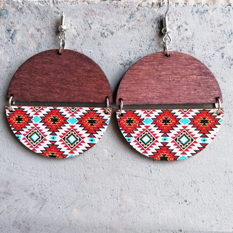 Wholesale 2 Pairs/Pack Boho Ethnic Pattern Circular Patchwork Wooden Earrings