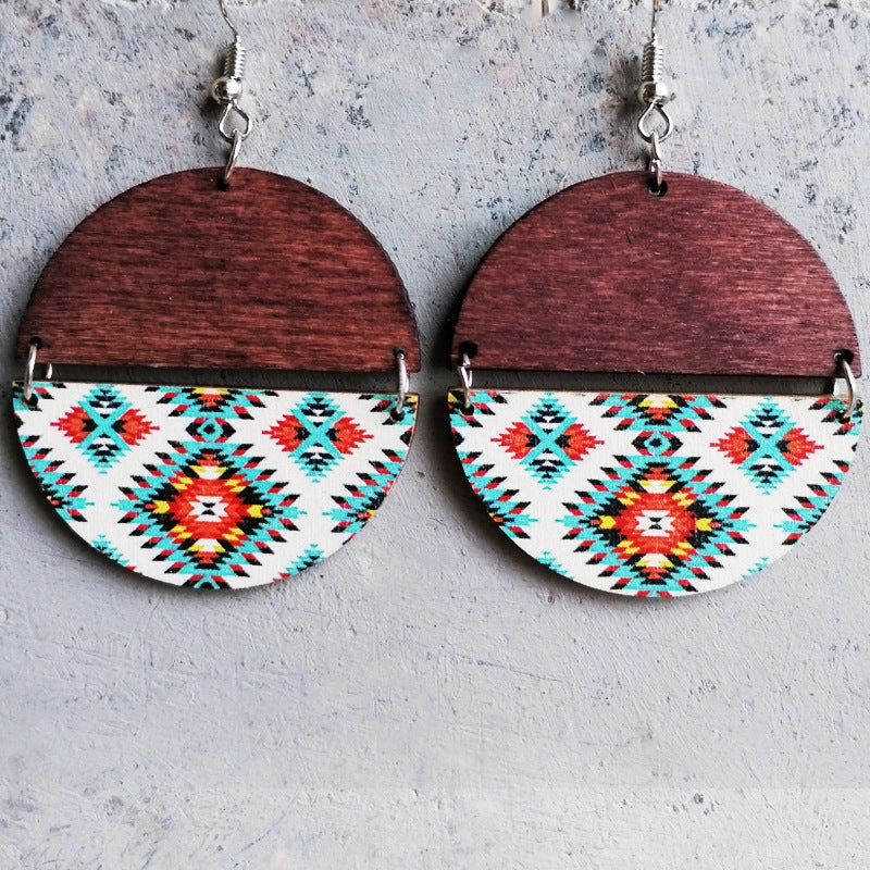 Wholesale 2 Pairs/Pack Boho Ethnic Pattern Circular Patchwork Wooden Earrings