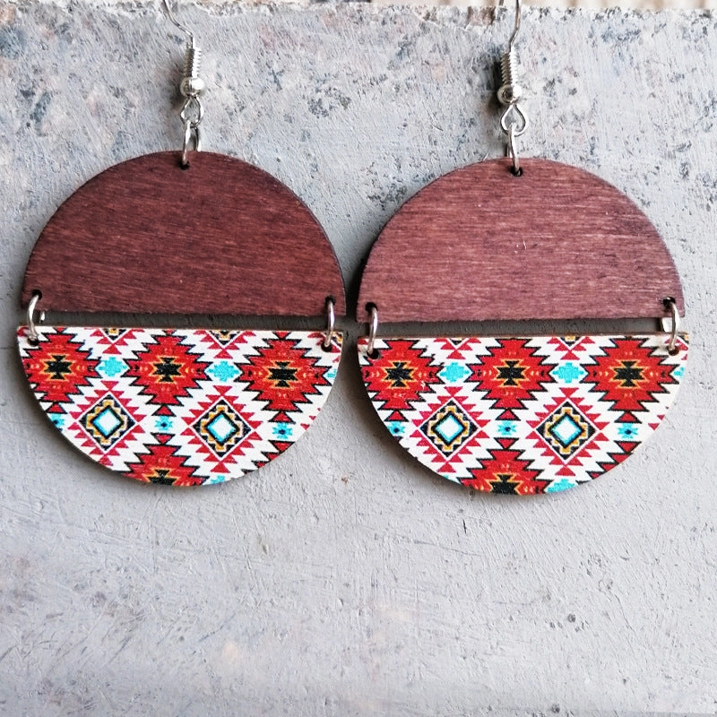 Wholesale 2 Pairs/Pack Boho Ethnic Pattern Circular Patchwork Wooden Earrings