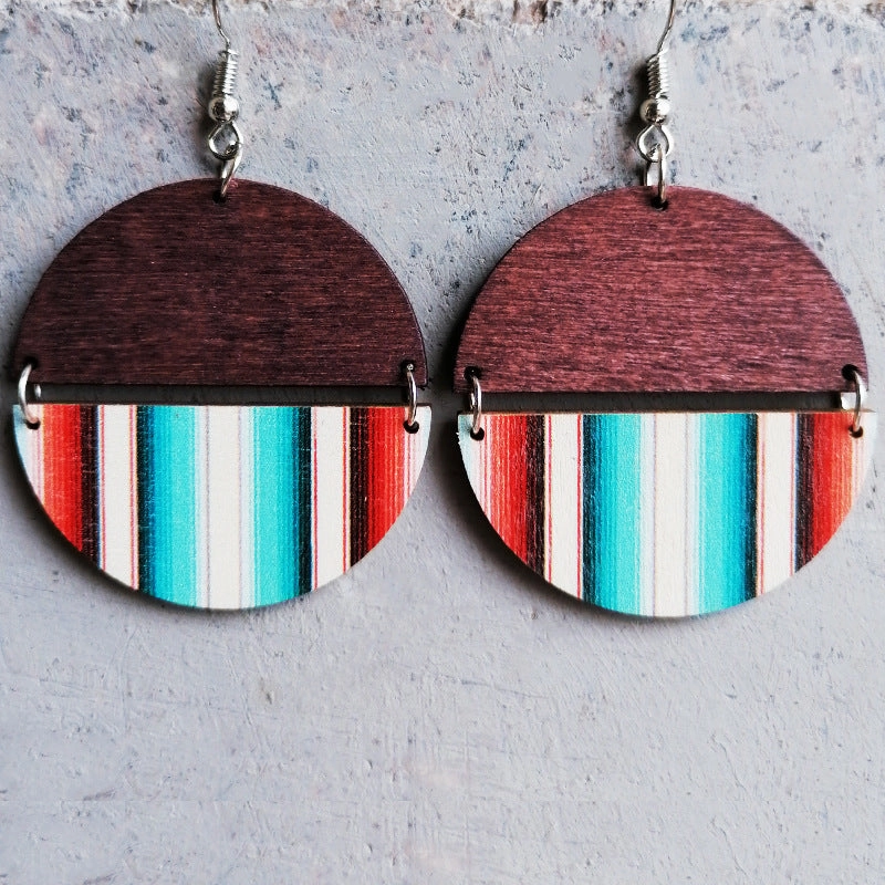 Wholesale 2 Pairs/Pack Boho Ethnic Pattern Circular Patchwork Wooden Earrings