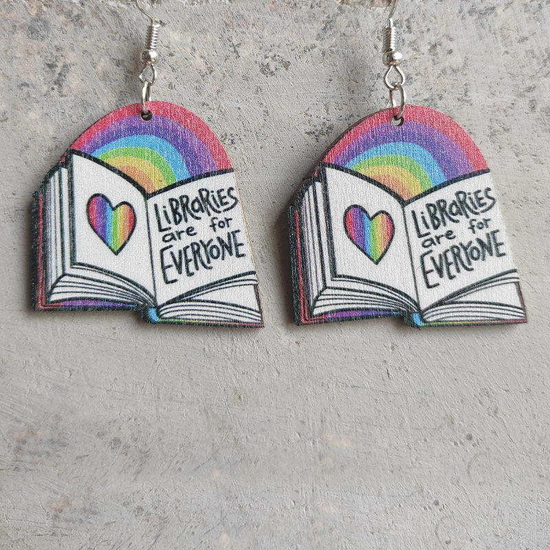 Wholesale 2 Pairs/Pack Book Rainbow Heart Wood Earrings